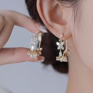Gold Butterfly Crystal Hoop Earrings - Women Jewelry